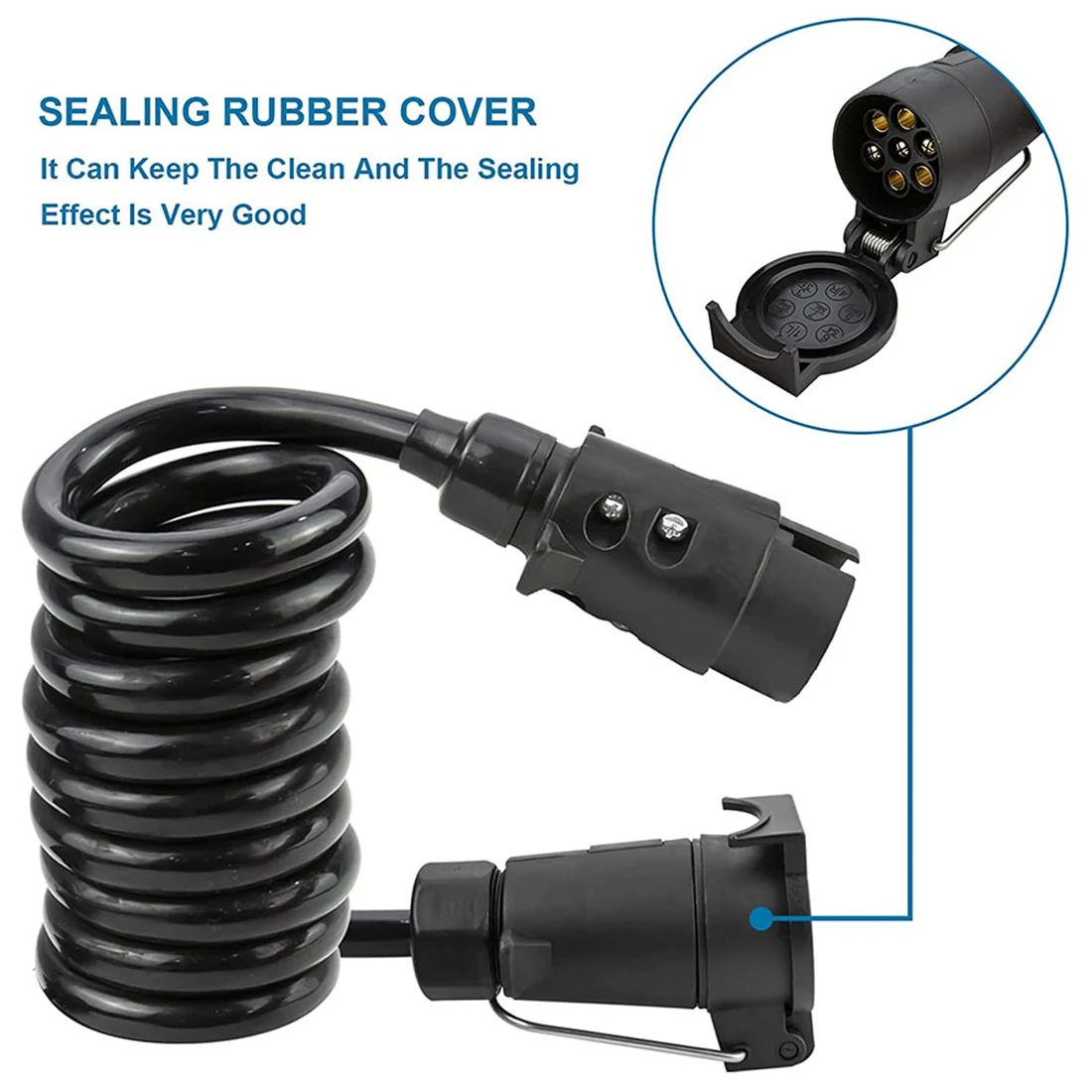 A20K-3 Meters 7Pin Trailer Extension Coiled Cable With Trailer Plug Socket Connector, 7 Core RV Electrical Cable Connector