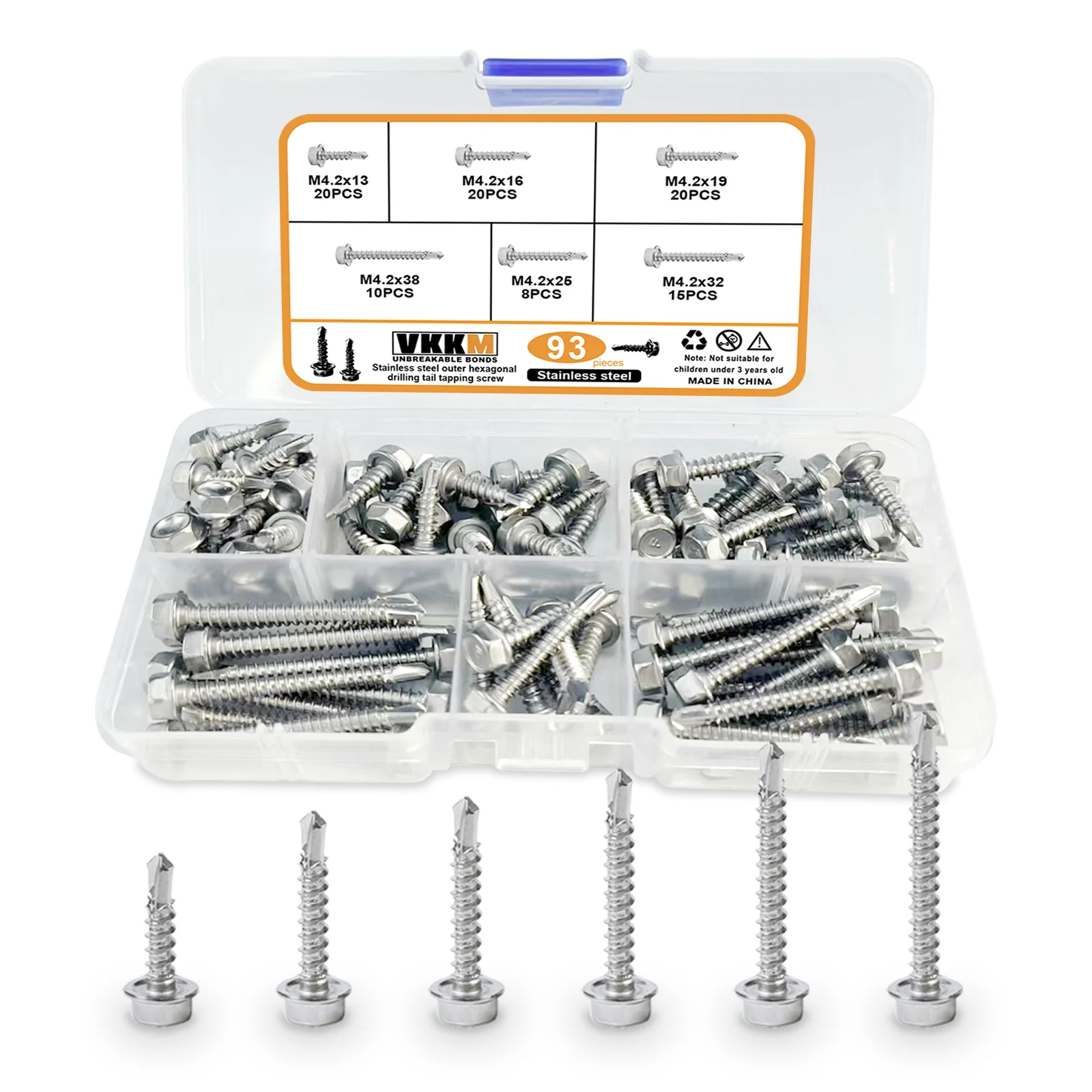 93Pcs #8 Stainless Steel Hexagonal Head Drilling Screws, TEk Screw Kit For Sheet Metal，Plastic，Wood