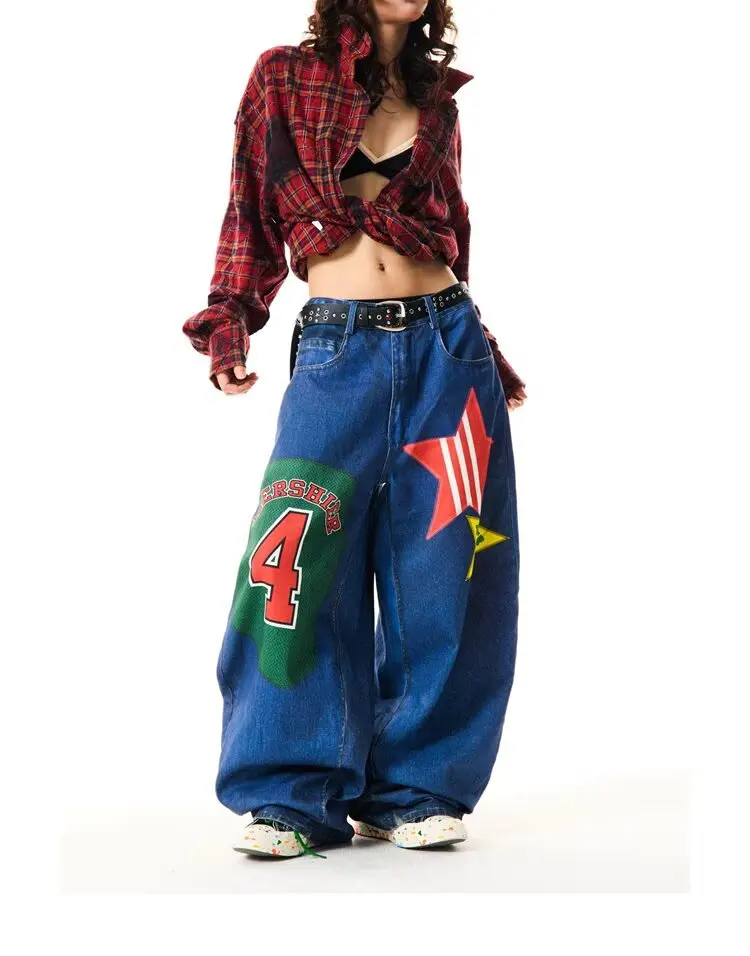 Pantalones vaqueros con estampado de parches de contraste Retro para mujer, Pantalones rectos americanos de Spice Girl, pantalones de pierna ancha de baile callejero coreano 2025