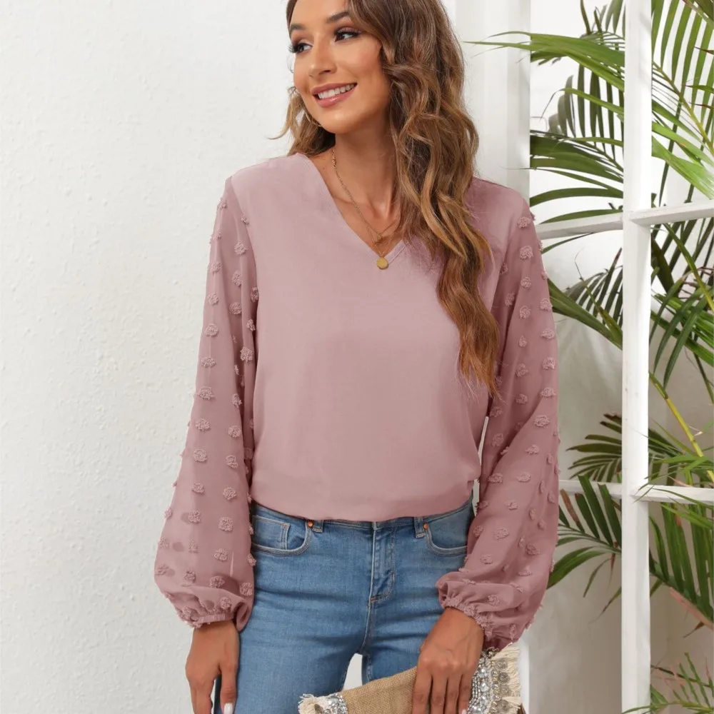 

Office Lady Elegant Pullover Shirt 2024 Women's New V-neck Chiffon Shirt Patchwork Long Sleeved Top Blusas Femininas Chemisier