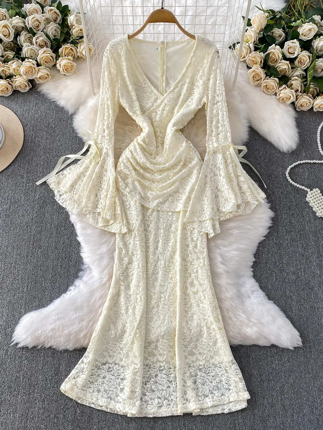 

Ele Fi Tail Long Dr Женское кружевное плиссированное платье с перекрестным v-образным вырезом на талии Bell Sve Dr Pure Desire Sle Осенняя одежда