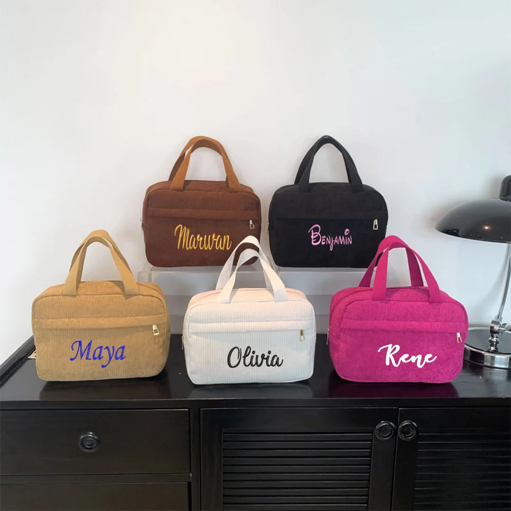 

Personalized Embroidery Corduroy Fashion Make-up Bag Custom Name Multi-functional Portable Travel Storage Bag Leisure Handbag