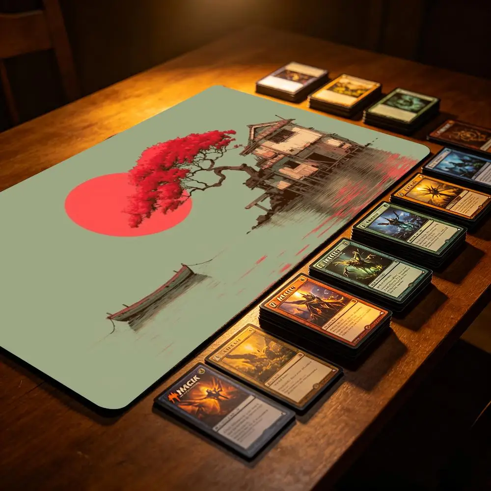 Ukiyo‑e Landscape TCG Playmat Red Maple Tree Water House Boat Oriental Sunset Non‑Slip Desk Mat for Card Game Esports Office