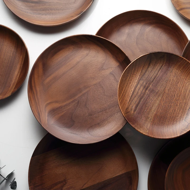 Dia 15cm 20cm Wooden Plate Premium Black Walnut Wood Plate Tableware Round Cake Tray Snack Dessert Serving Plate Wooden Utensils