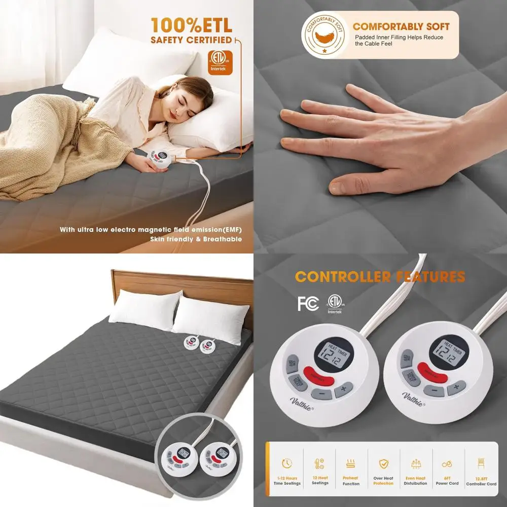 California King Size Electric Mattress Pad with Dual Controls, 12 Heat Levels, Preheat & Auto-Off, Machine Washable (72x84, Grey