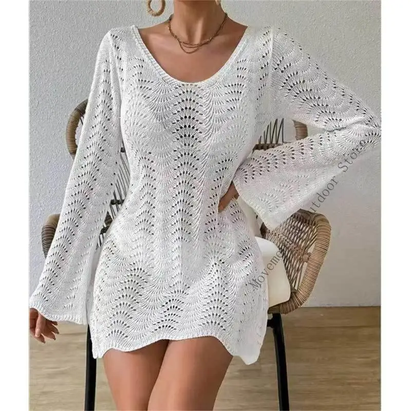 

Crochet Beach Cover Up Dress with Long Sleeves Backless Swimwears Coverup Casual Loose Fit For Beach Sunbathing Swimming
