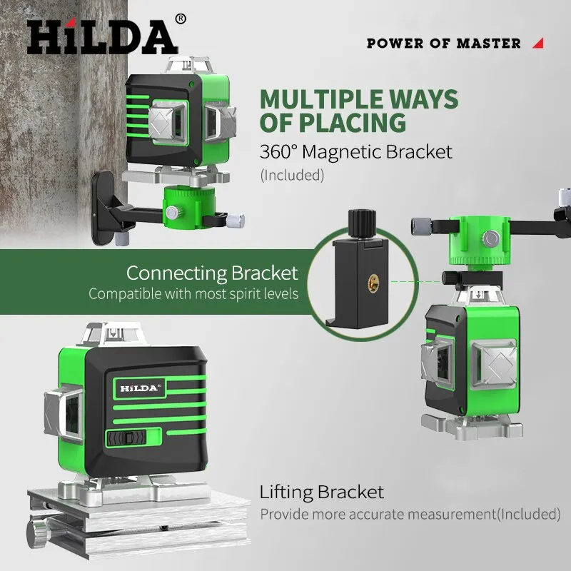 HILDA Laser Level Mini 12/16 Lines 3D/4D Self-Leveling 360 Horizontal And Vertical Cross Super Powerful Portable Green Laser