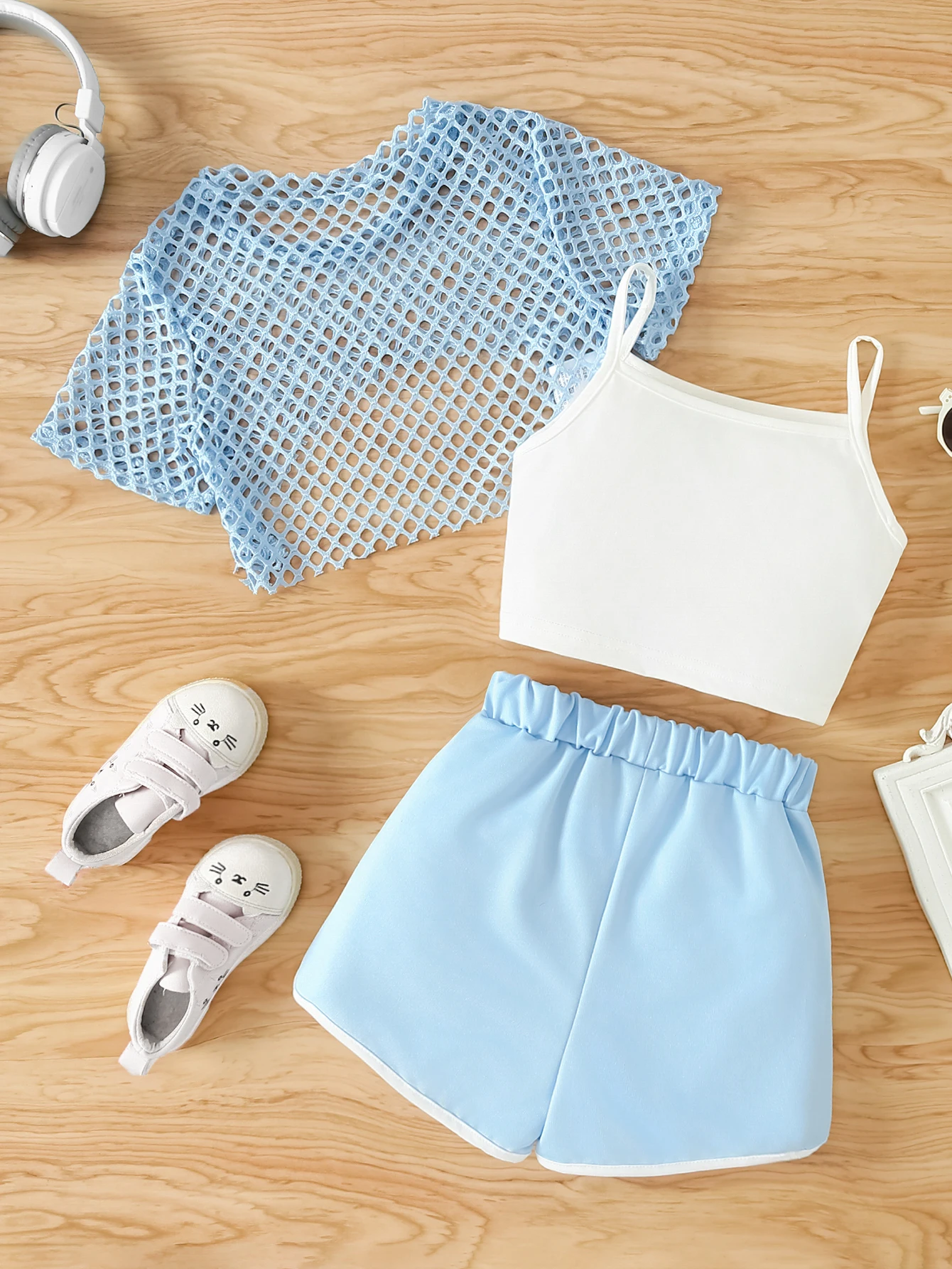 Girls' Three-Piece Outfits New Breathable Summer Thin Fashion Short Sleeve Mesh Top+Letter Print Crop Vest Sling+Letter Print Sport Shorts
