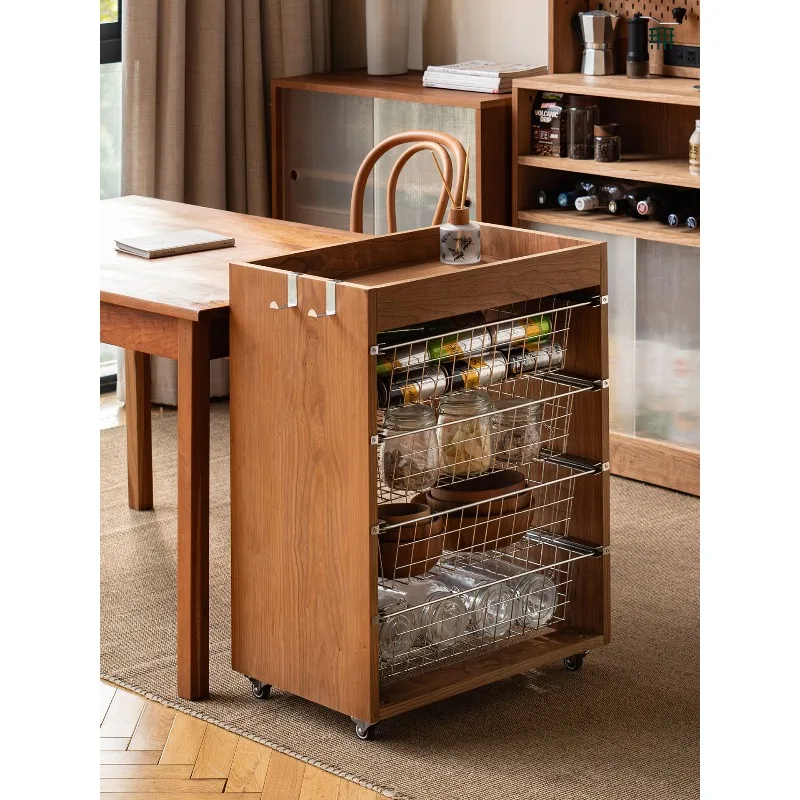 Solid Wood Stainless Steel Pull Out Basket Cabinet Multi Layer Storage Side Table Mobile Floor Standing Nightstand for Dining