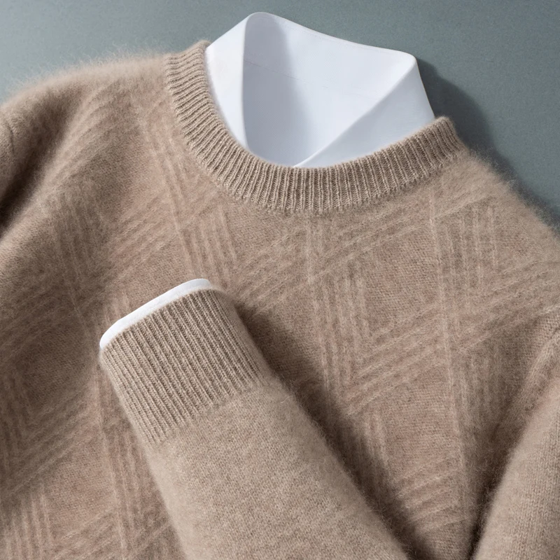 Autumn Winter 100% Pure Wool Pullover Sweater Men's Half High Collar Diamond Pattern long Sleeve Knitted Top Loose Cashmere Base