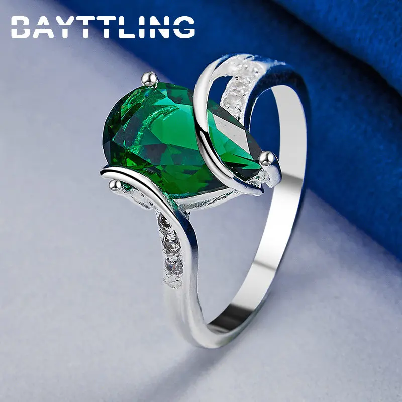 925 Sterling Silver Ring Gift Exquisite Green Water Drop Zircon Ring For Woman Wife Fashion Wedding Party Jewelry Accessories