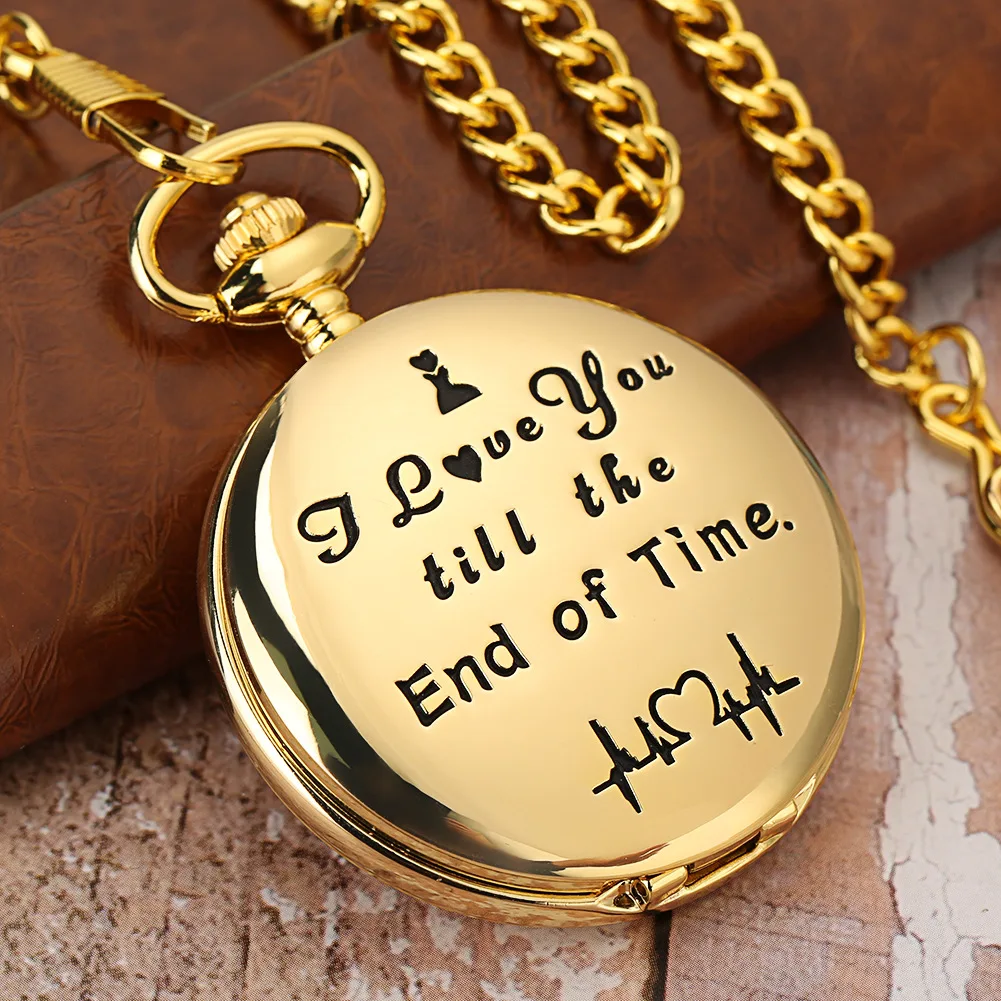 Hot Selling Gold Pattern I Love You till the End of Time Pocket Watches Necklace Chain Quartz Pocket Watch