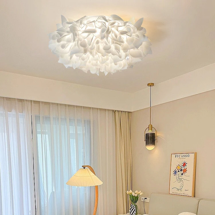 이탈리아어 로맨틱 흰 꽃 LED 천장 조명 침실 거실 램프 원격 제어 디밍 홈 장식 행글 램프 PVC