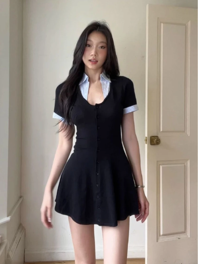 American retro spicy girl fake two college style V-neck short sleeved slim fit patchwork color blocked dress short skirt