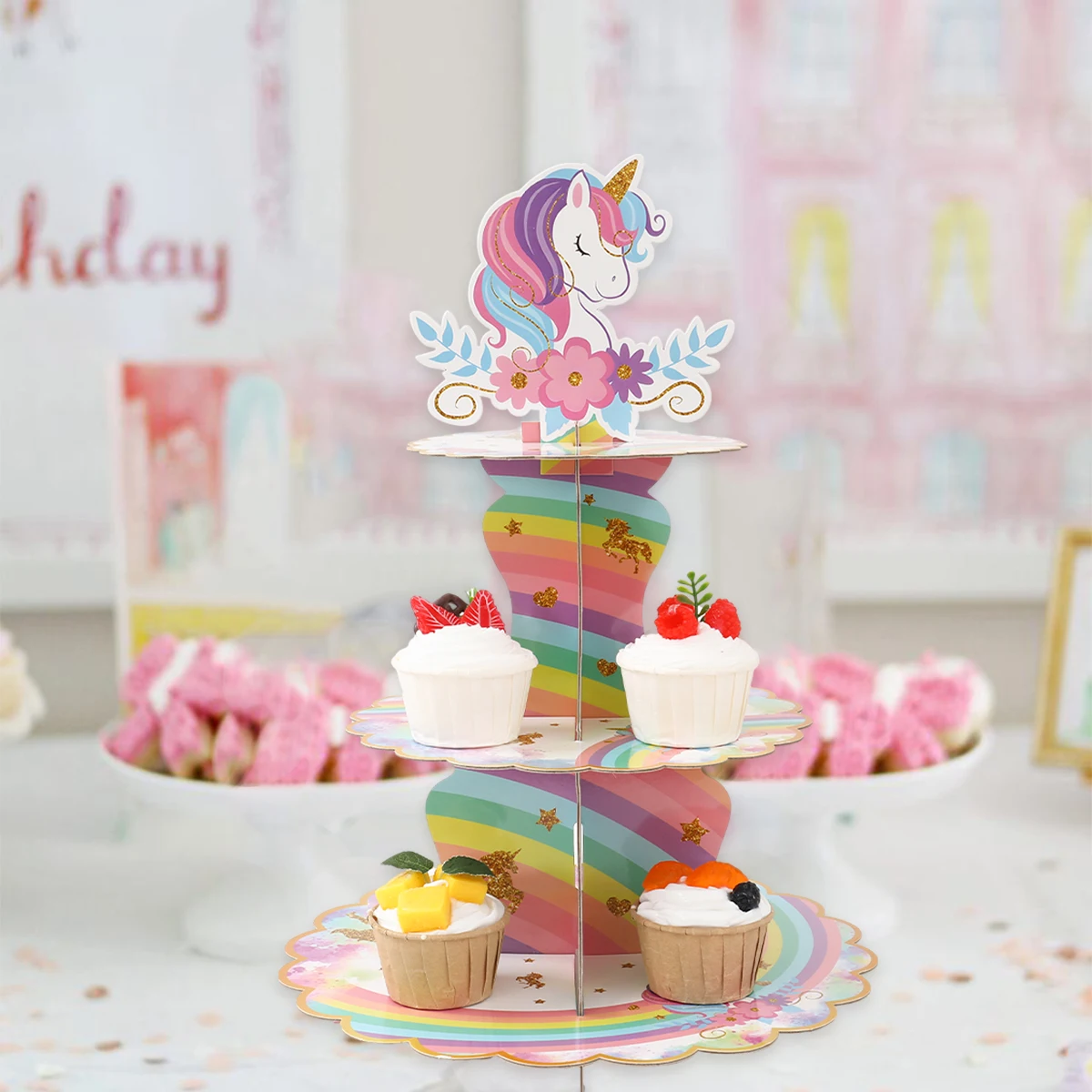 Tęczowy jednorożec jednorazowa zastawa stołowa wszystkiego najlepszego z okazji 1. dekoracje na imprezę urodzinową upominki dla dzieci prezenty jednorożec Baby Shower artykuły dla dziewczynek — zdjęcie 7