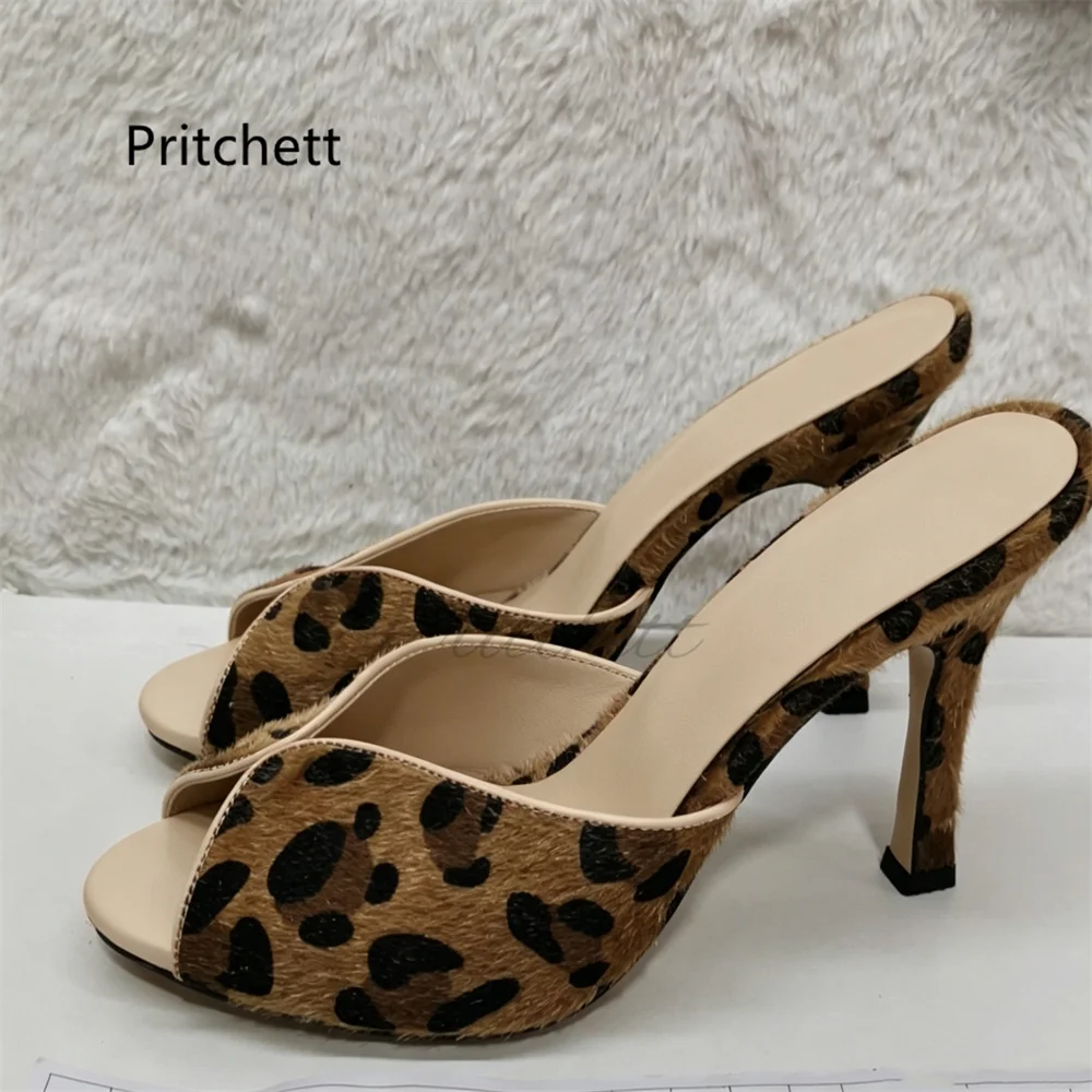 Women's Leopard Print Horsehair Slippers Pony Hair Mules Peep Toe Slip On Stiletto High Heel Party Evening Shoes Summer