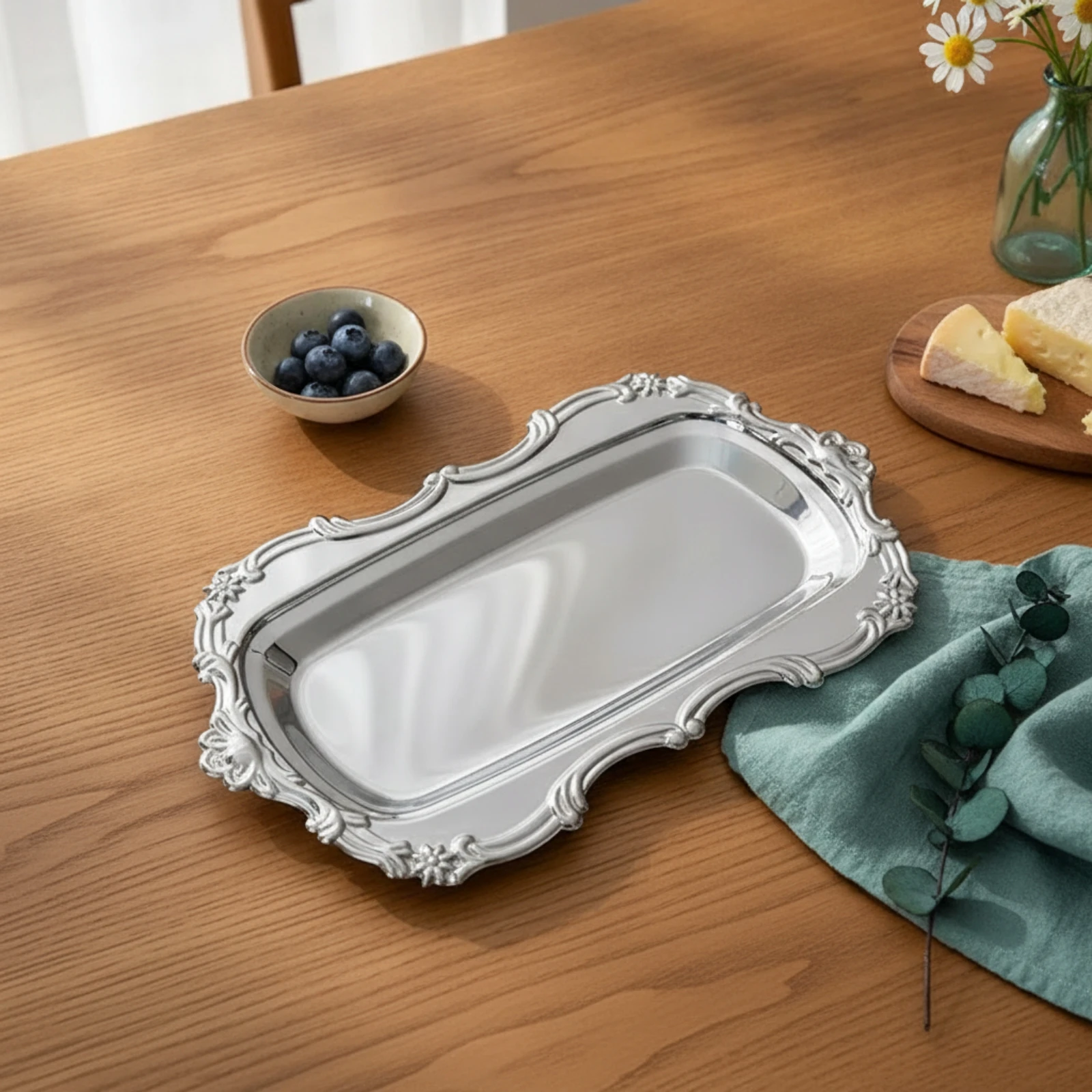 Stainless Steel Tray Mirrored Tray with Decorative Border Metal Trinket Dish Baroque Vintage for Vanity, Coffee Table
