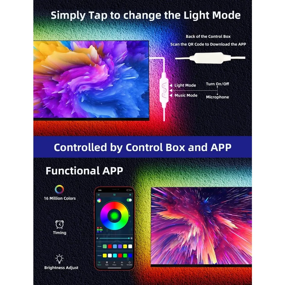 Daymeet Luces LED para TV, retroiluminación LED de TV de 9,8 pies detrás de las luces para tira de luz LED USB de 32-60 pulgadas que brilla RGBICW que cambia de color Syn