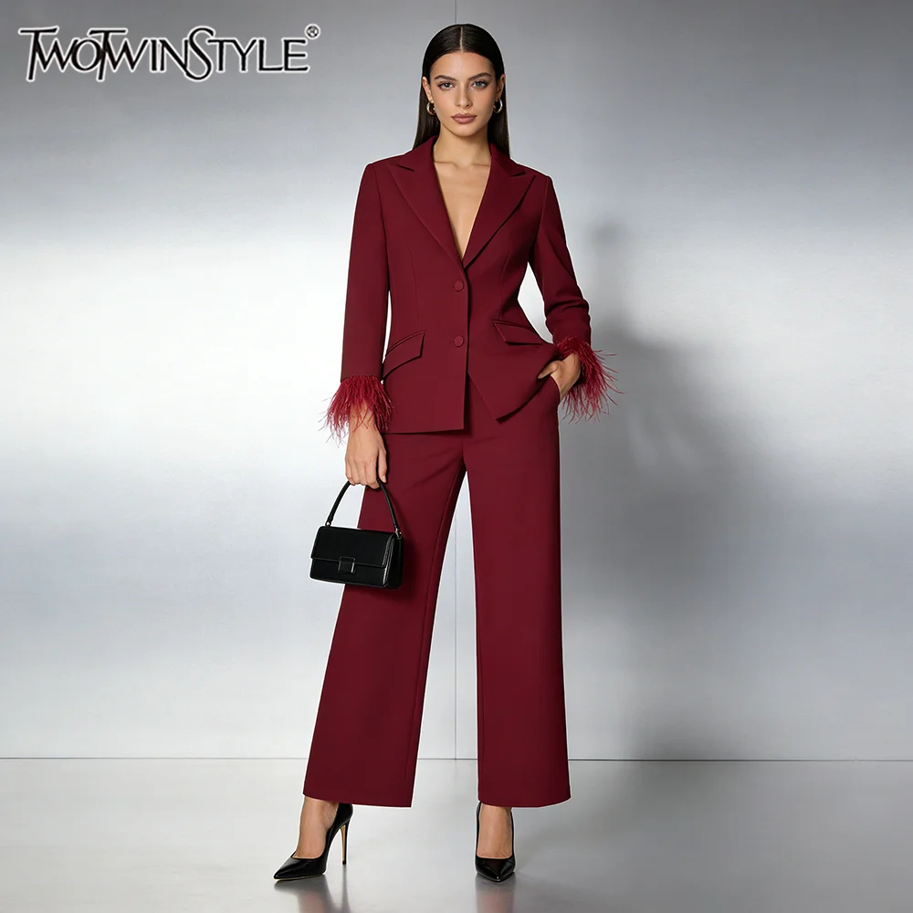 TWOTWINSTYLE Minimalist Two Piece Sets for Women Lapel Long Sleeves Spliced Feather Blazer Wide Leg Pant Set Female Clothing New