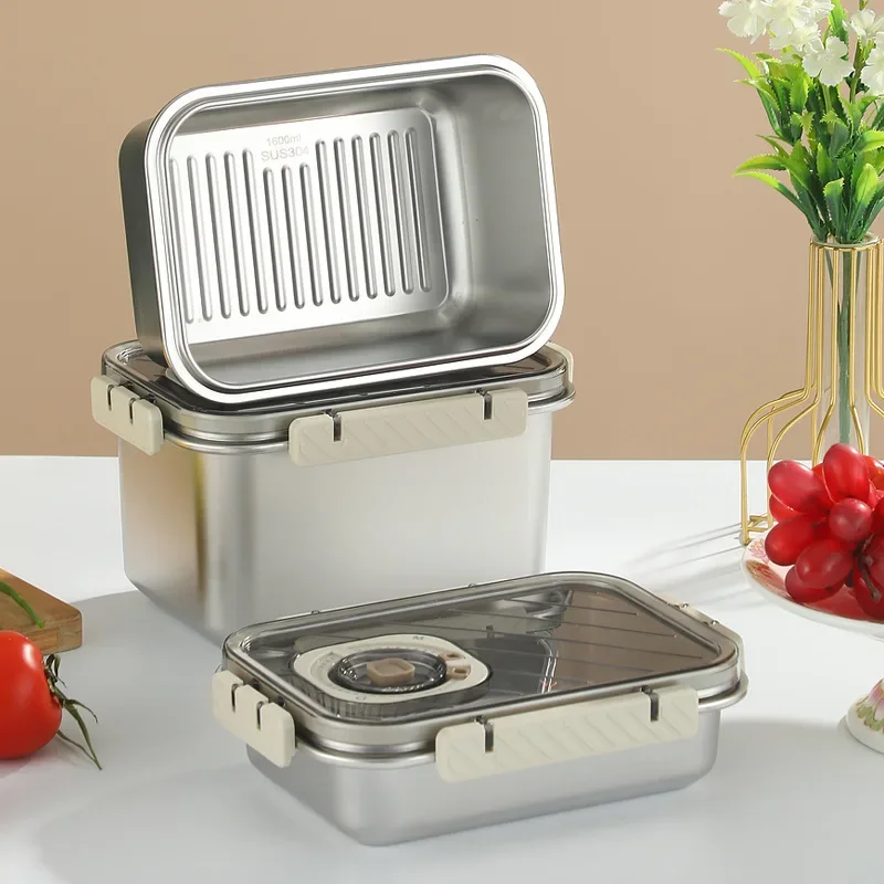 Large Capacity 304 Stainless Steel Fresh-Keeping Snap-On Refrigerator Storage Box Microwave Sealed Heating Food Storage Bin