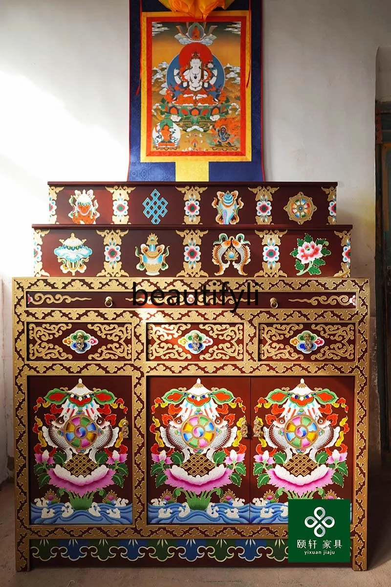 Tibetan tantra solid wood shrine, three-layer shrine color customization, solid wood table