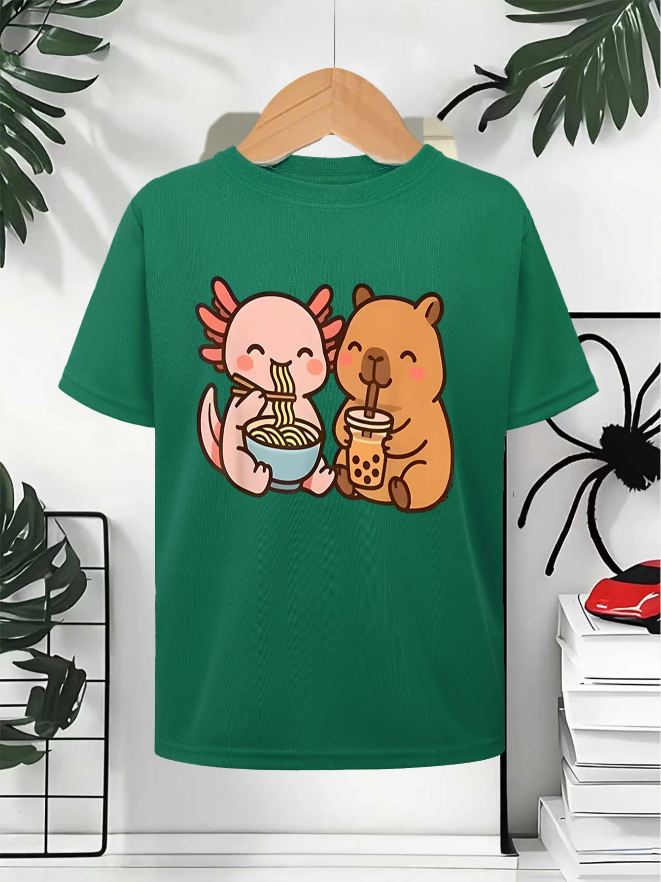 Unisex 100% Cotton Crew Neck T‑Shirt, Cute Capybara Axolotl Anime Graphic, Bubble Tea Ramen Fun Trendy Short Sleeve Tee