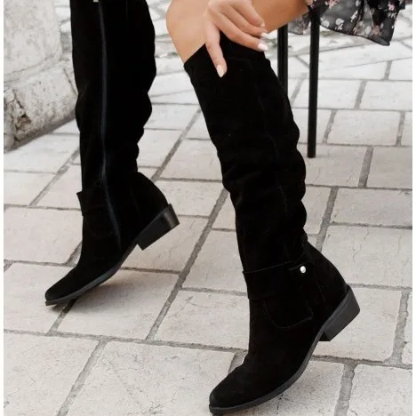 Women Slouch Boots Knee High Chelsea Boot Kitten Heels Trend New Suede Leather Fashion Women's Shoes Pleated Motorcycle Boot