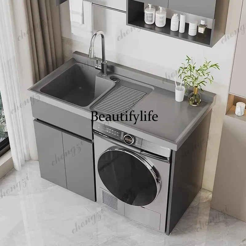 L181 Mueble de lavandería minimalista nórdico creativo para balcón, con lavabo de aluminio tipo panal y lavadora integrada, mobiliario de baño