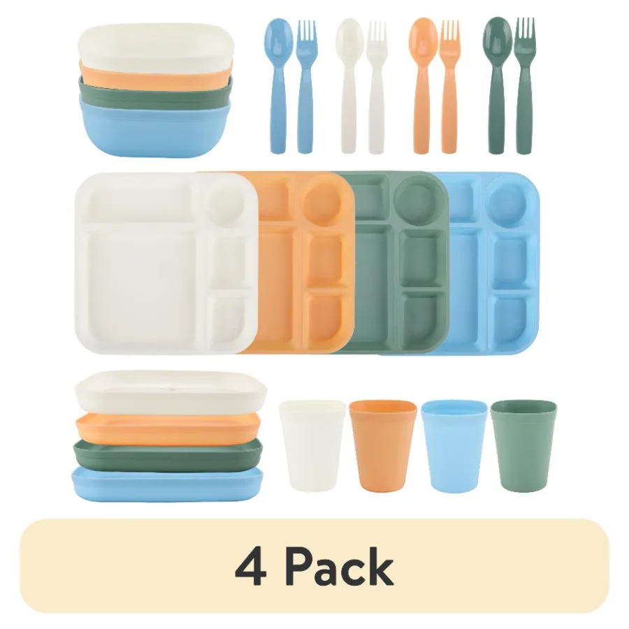 

4 pack 24-Piece Plastic Square Dinnerware Set for with 4 Trays Bowls Plates Cups Forks Spoons in Cream Orange Green Blue