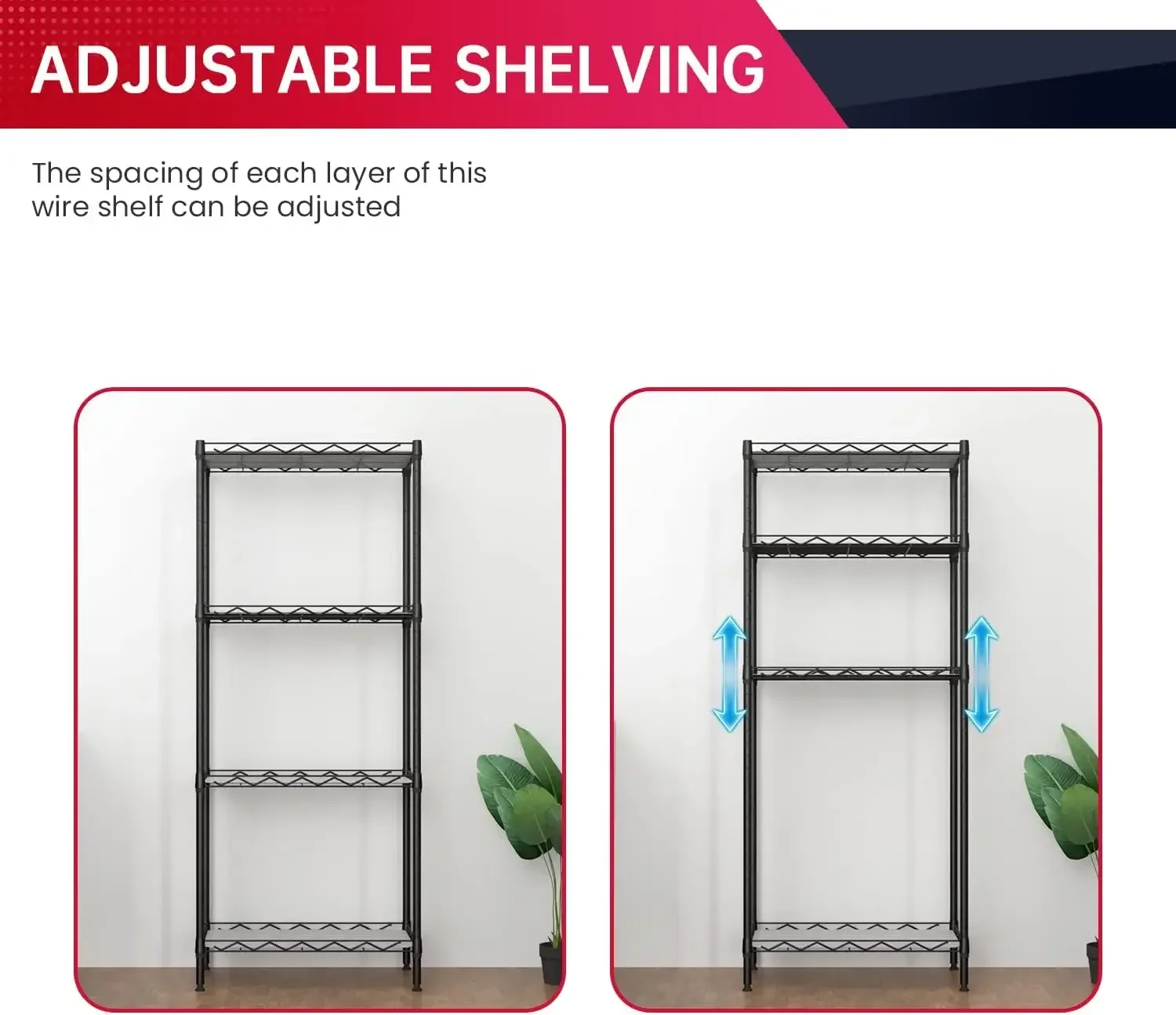 4-Shelf Verstelbare Opslag Rekken Eenheid Metalen Rek Draadplank 600lbs Capaciteit Met 4 Pp Vellen 18l X 12W X 44H