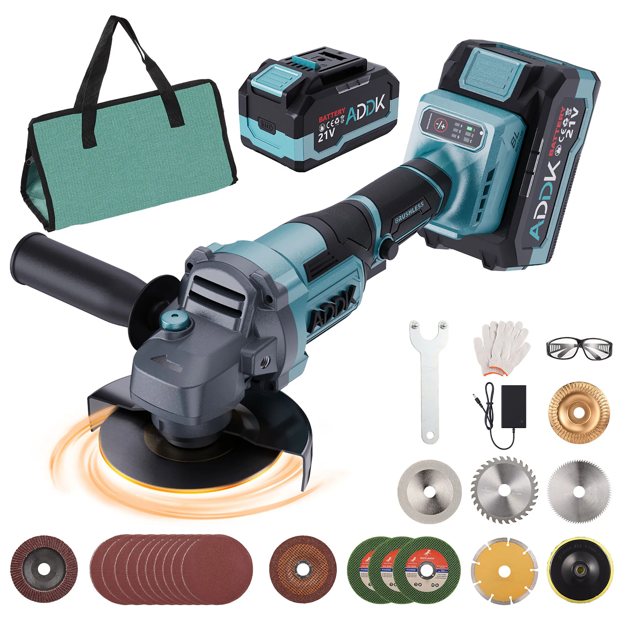 

125mm Electric Angle Grinder with 2Pcs 4000mah Lithium Batteries, Speed Adjustment Brushless Electric Grinder, Home Power Tools