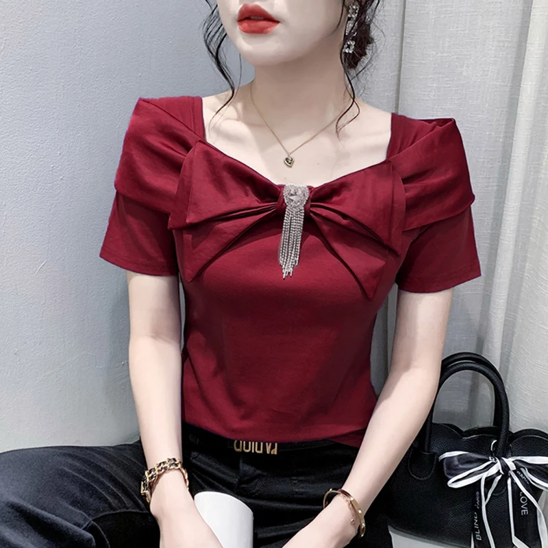 

Spring Summer Women's Fashion Short Sleeve T-Shirt Knot Waist Cinching Slimming Top Trendy Korean Style round Neck
