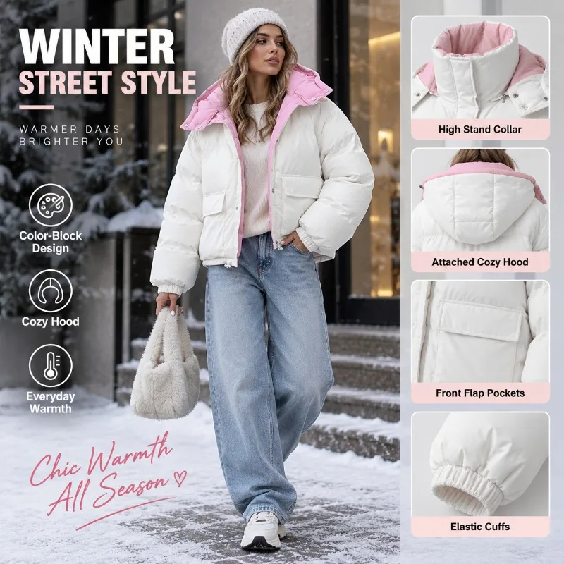 Women Winter Puffer Jacket Oversized Hooded Coat Pink White Color Block Thick Padded Short Outerwear Streetwear