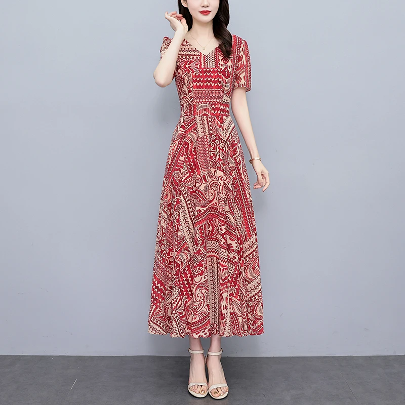 2025 Vintage Stampa Rosso Boho Midi Vestito Estivo Elegante Donna Aderente Party Night Abito Lungo di Lusso Coreano Casual Abito Floreale in Chiffon