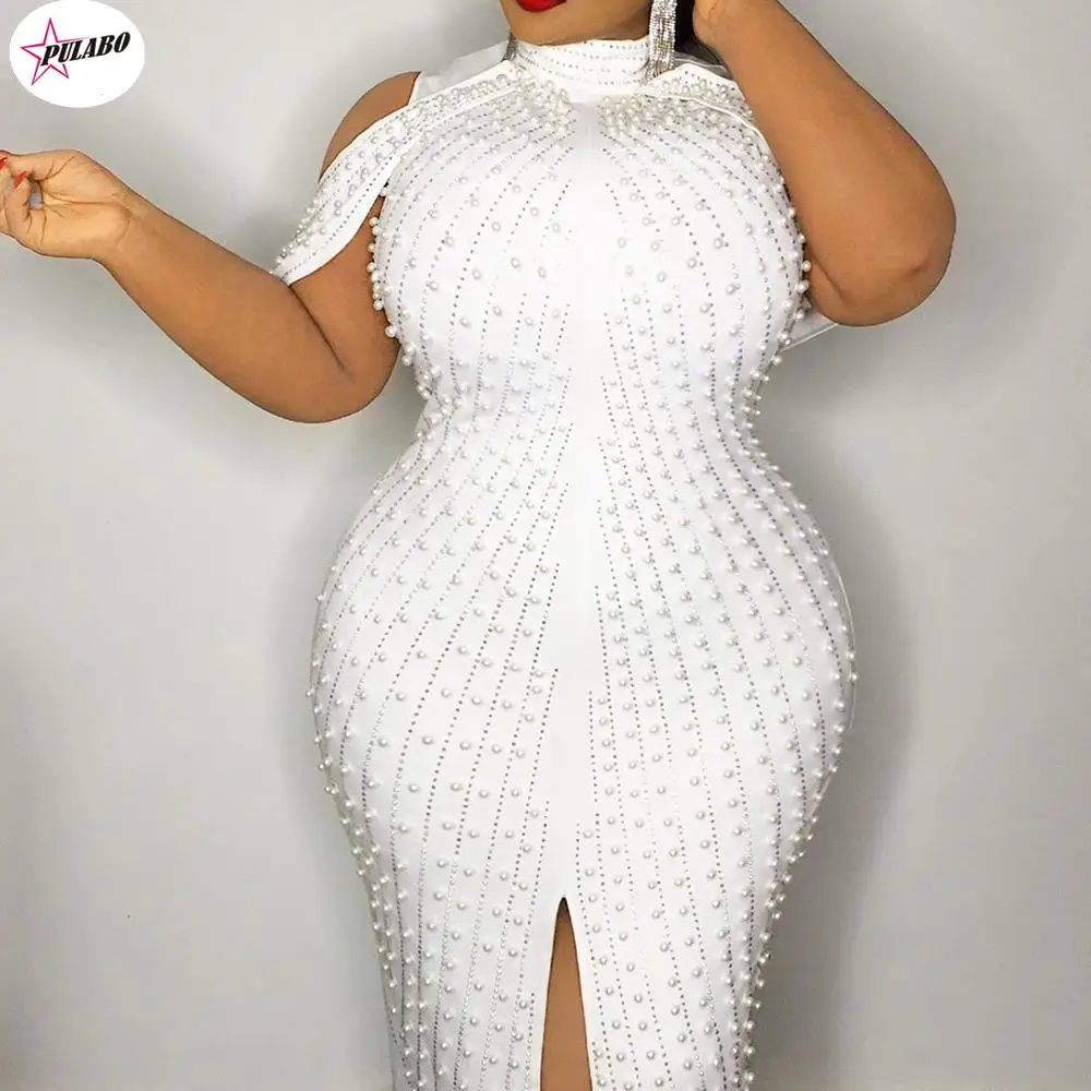 Robe mi-longue blanche avec perles pour femme, robe de soirée sexy, robes de club queclub, fente élégante, batterie, été, femme, éducatif, 5XL