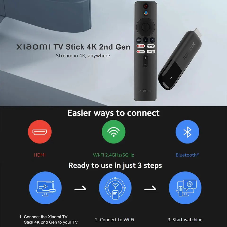Xiaomi TV Stick 4K 2da Gen, Streaming portátil, Netflix, WiFi 6 de doble banda, Google Assistant, BT5.2 Smart TV Dongle, Control remoto por voz Bluetooth 360° Google TV 8