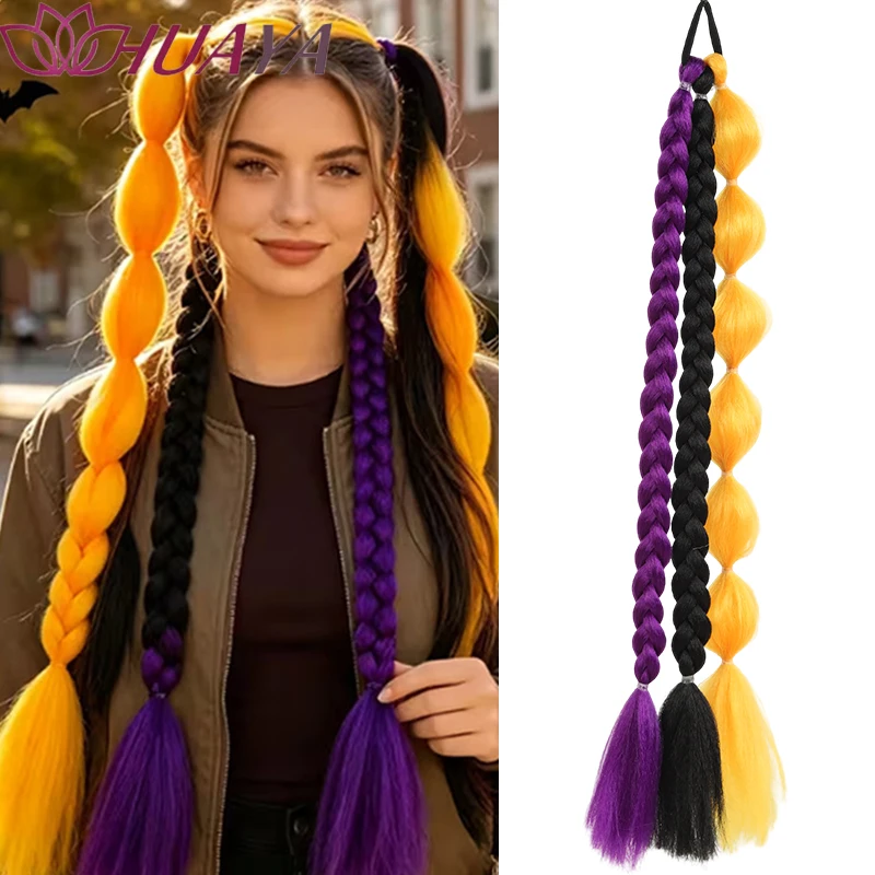 Synthetic Fiber Halloween Bubble Braided Ponytail with Elastic Band, Y2K Style for Women, Perfect for Cosplay and Parties