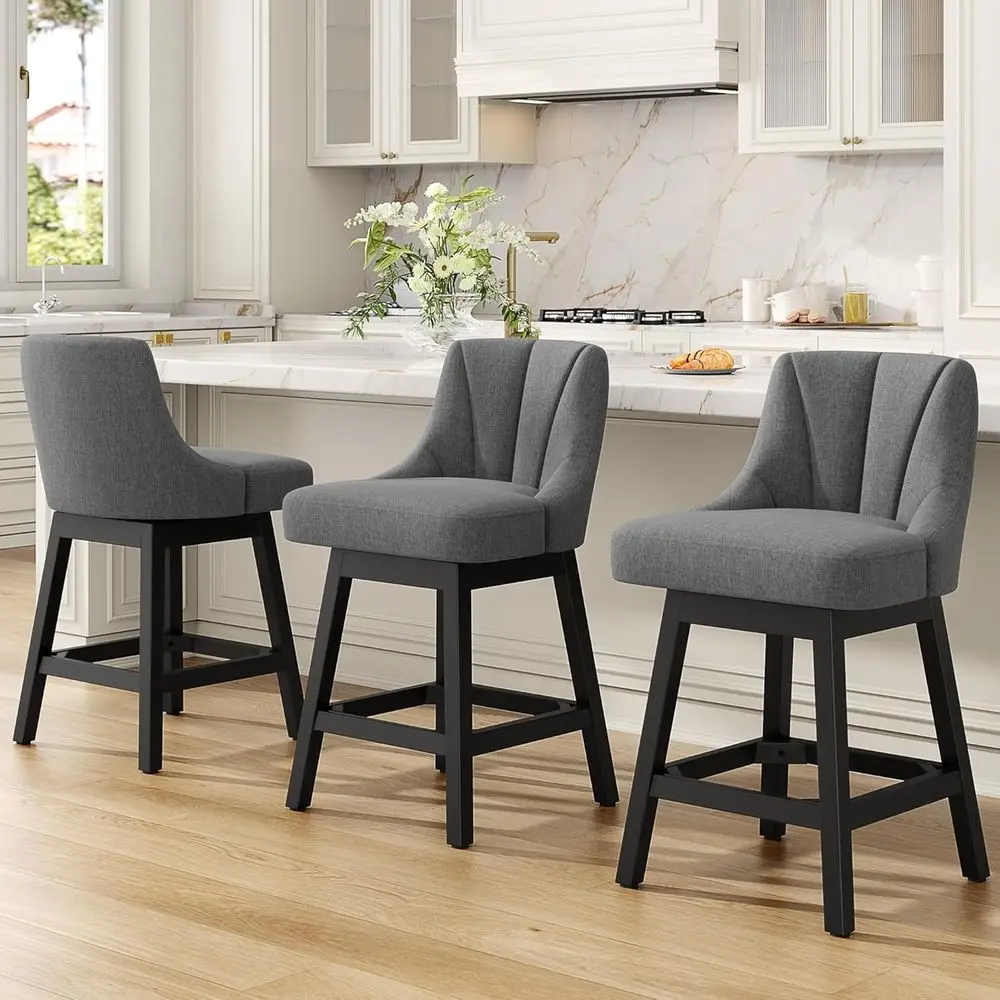 

Set of 3 Fabric Upholstered Counter Height Swivel Bar Stools, 26 Kitchen Island Chairs with Back, Solid Wood Legs for Home Bar o