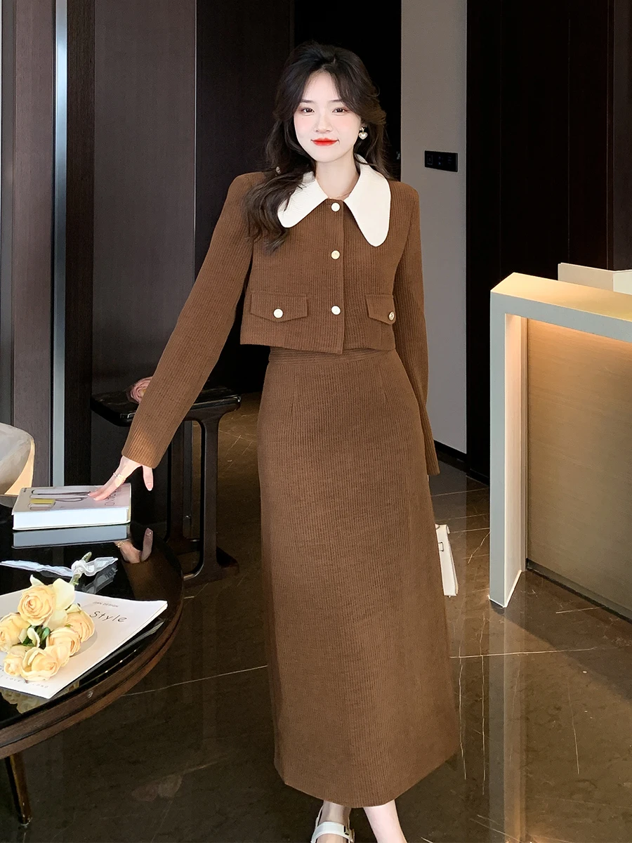 

Autumn Women Vintage Contrast Color Corduroy Skirt Suits Turn-down Collar Short Jacket And High Waist Long Skirt Two Piece Set