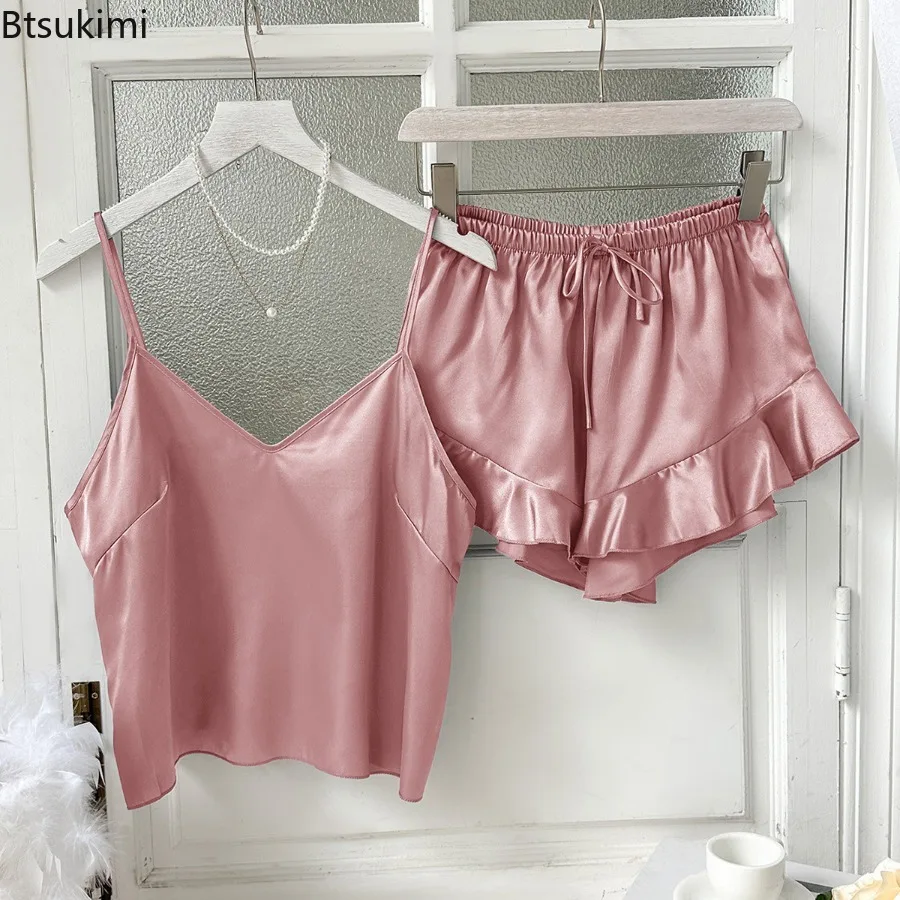 Women's Summer Pajamas Set Nightwear Sexy Strap Top and Shorts Home Clothes Sexy Satin Sleepwear Solid Color Loose Loungewear
