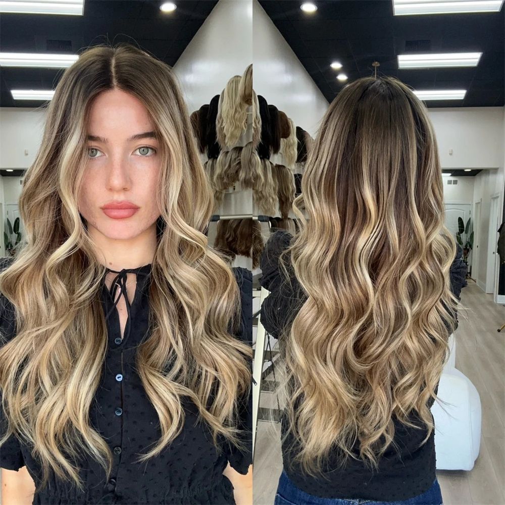 Middle Part 13x4 Ombre Blonde Brown HD Lace Wig Women Hair Synthetic Wig High Quality Glueless Easy to Wear Daily Wear Party Wig