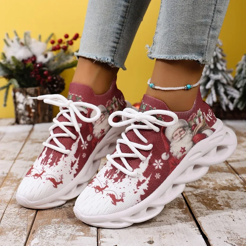 Fashion New Knitted Mesh Printed Women's Sneakers Soft Soled Comfort Loafers 2026 New Lace Up Casual Women Shoes Tênis Feminino
