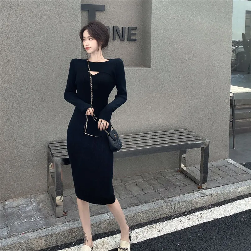 Fall 2024 New Black Underwear Underlay Cutout Knit Dress Small Hepburn Style Slim Slim Sweater Dress