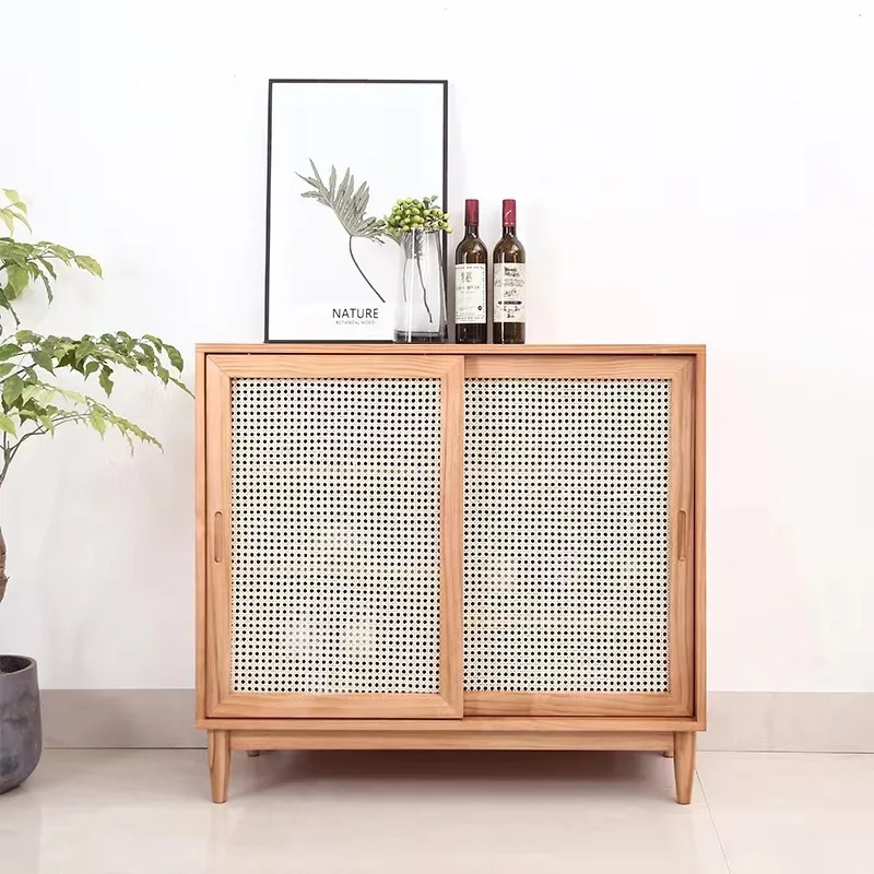 Nordic solid wood rattan dining side cabinet, entrance cabinet, American locker, simple tea cabinet, multi-functiona