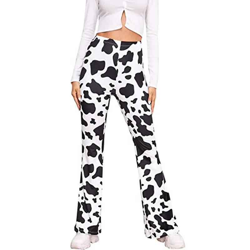 Y2K New Fashion Micro Raglan High Waist Design Horn Bottom Pants Cow Print Thin Material Slim Crop Pants