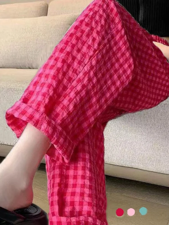 여름 얇은 격자 바지 여성의 느슨한 스트레이트 레그 캐주얼 바지 편안한 홈 잠옷 워킹 바지 통기성