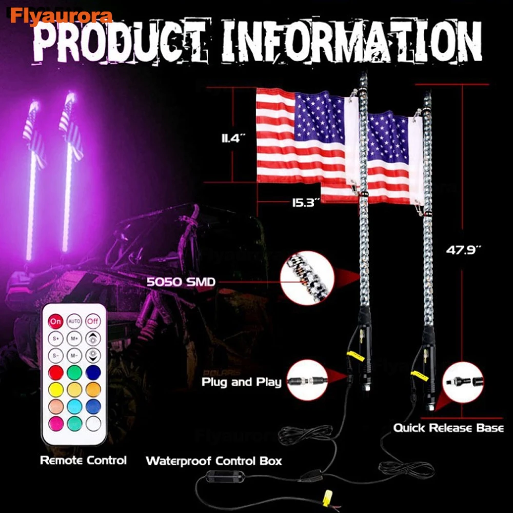 LED Whip Flag Lamp Pole Safety Antenna Whip Lights For Sand Buggy UTV ATV Truck Sand Rails Jeep Wrangler Flag Atmosphere Light