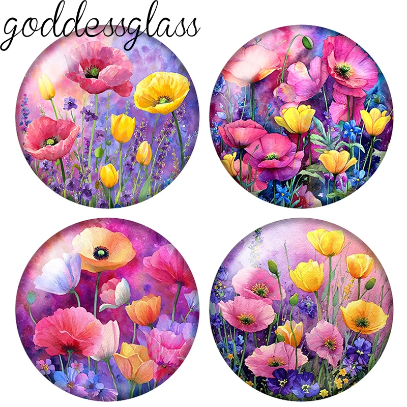 Peintures pastel colorées de beauté, fleurs de pavot, 10 pièces, 12mm/18mm/20mm/25mm, cabochon rond en verre pour photos, dos plat, accessoires de fabrication