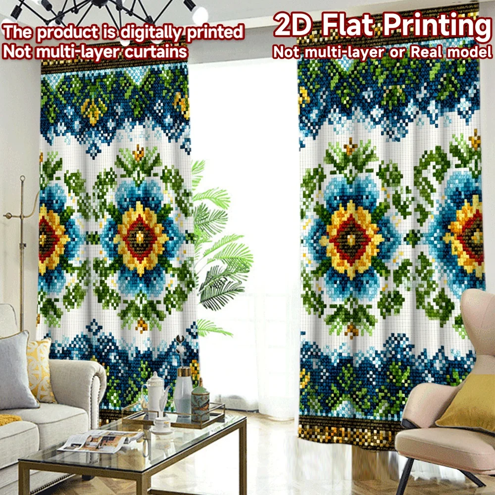 2D FLAT PRINTING 2pcs Curtains (Without Rod) Colorful Geometric Design Chic Curtains Yarn Curtains Blessing _ Peaceful Use for