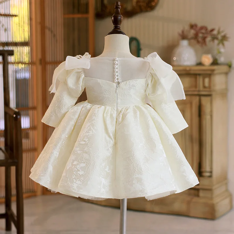 Fashion Baby Girl Princess Bow Pearl Dress Long Sleeve Infant Toddler Child Vestido Wedding Party Birthday Baby Clothes 12M-14Y